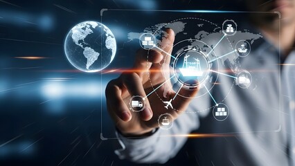 Global business logistics network interface with a businessman touching a touch screen