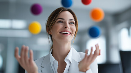 Smiling office worker juggling colorful balls representing multitasking and positive productivity.