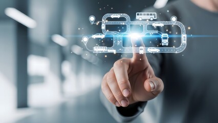 Futuristic digital transportation network visualization interacting with a human finger on a screen