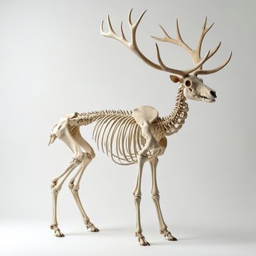 White deer skeleton with large antlers stands on a plain white background. The full skeletal structure of the cervid is visible, showing its bone anatomy.