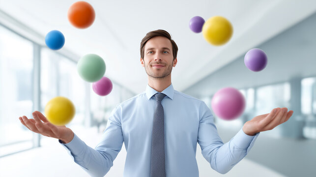 Office worker juggling colorful balls symbolizing multitasking and work life balance.
