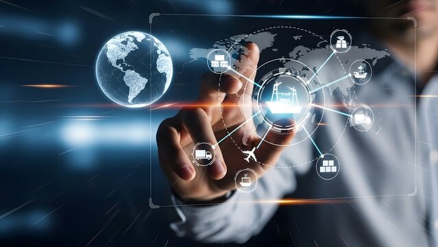 Global business logistics network interface with a businessman touching a touch screen
