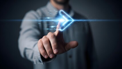 Human hand interacts with a glowing blue digital arrow icon, symbolizing future technology, progression, and user interface innovation