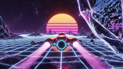 A sleek futuristic spaceship with glowing engines soars dynamically over an expansive neon grid landscape featuring abstract wireframe mountains and a vibrant retro sunset evoking a nostalgic 80s syn. - Powered by Adobe