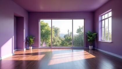 Fototapeta premium Empty modern room with purple walls and large windows viewing rich plants. Sunlight streams across shiny wooden floorboards. Plant in pot adds touch of nature. Ideal for interior design concepts.