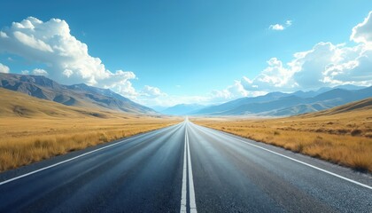 Empty straight asphalt highway vanishing into mountain horizon under clear blue sky with clouds. Golden dry grass fields flank both sides of the road, suggesting a scenic journey.