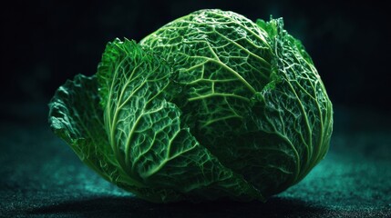 Fototapeta premium Fresh Cabbage Sits on a Dark Surface Under Low-Key Lighting With Rich Green Tones and Cinematic Shadows Creating an Emotional Food Mood