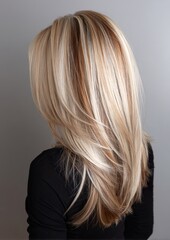 Naklejka premium Close-up portrait of woman with mid-length platinum hair, dark almond chunky highlights, professional hair color sectioning, long sleeves, modern hair salon background