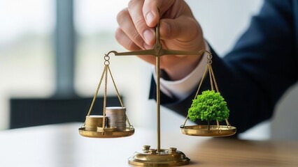 Investor hand holding scale balancing coins and green tree for ethical investment and impact portfolio management