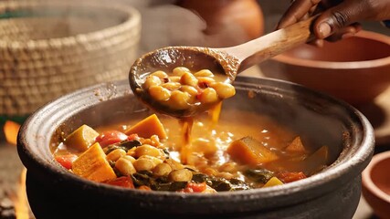 Closeup view of a hearty and steaming traditional stew being stirred and served from a rustic clay pot with a wooden spoon showcasing a rich blend of vegetables and chickpeas in a warm authentic sett.