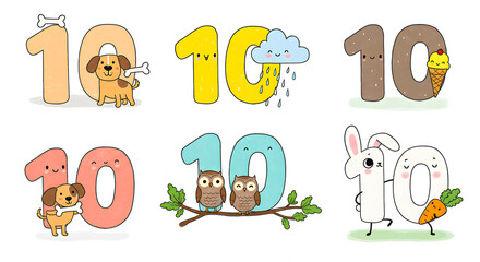 A delightful set of six cartoon number ten illustrations, showcasing charming themes including cute animals, weather, and treats, perfect for kids' educational materials and playful designs