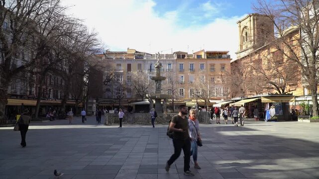 Captivating footage of the Bib Rambla square, the main square of Granada, Spain.