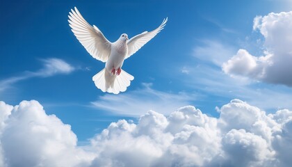white dove soaring gracefully against a backdrop of blue sky and white clouds symbolizing peace hope and spirituality