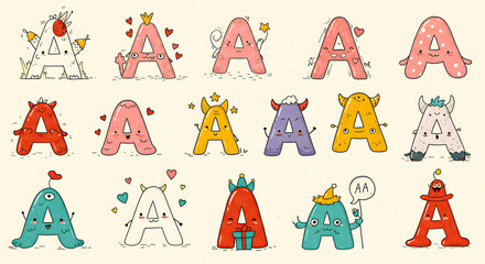 Cute Cartoon Alphabet Letters A, Illustrated Monsters and Characters with Festive Decorations and Accessories