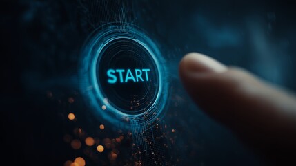 Human finger touches glowing blue 'START' button on a futuristic digital screen background, concept for system activation, new project startup and digital transformation