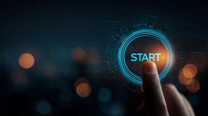 A CEO's finger presses a glowing blue START button on a futuristic digital interface against a dark bokeh background, concept for project launch, digital transformation and business strategy