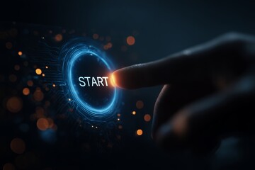 Human finger pushing an illuminated blue digital START button interface on a dark background with bokeh effects, concept for digital transformation, business launch and new project startup