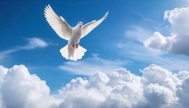 white dove soaring gracefully against a backdrop of blue sky and white clouds symbolizing peace hope and spirituality