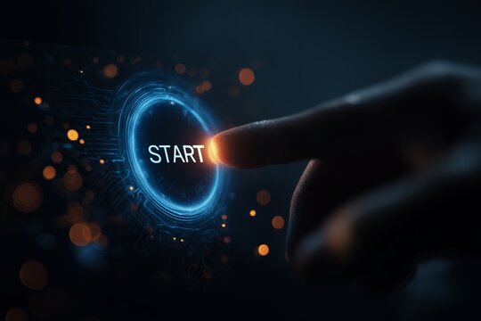Human finger pushing an illuminated blue digital START button interface on a dark background with bokeh effects, concept for digital transformation, business launch and new project startup - Powered by Adobe