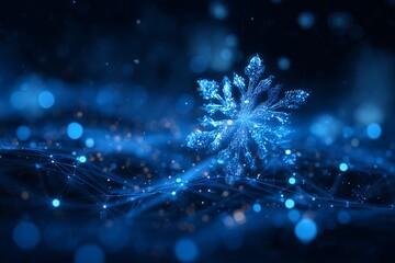 Bright blue digital snowflake on a dark abstract technological network background featuring blue bokeh lights, concept for winter background design, technology advertising and festive presentations