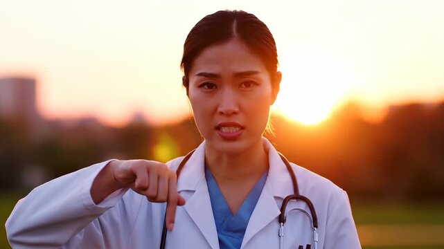 A woman in a white lab coat stands against a sunset, signaling with her hand, emphasizing a gesture of communication. The woman&rsquo;s lab coat reflects her professional role, creating a meaningful scene.