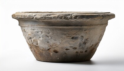 rustic stone flower pot with a weathered texture on white background