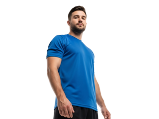Confident Young Athletic Man in Blue Sports Shirt Looking Determined Isolated on White Background