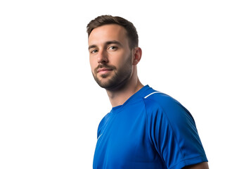 Fototapeta premium Confident Young Athletic Man in Blue Sports Shirt Looking Determined Isolated on White Background