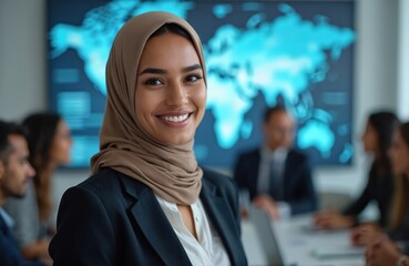 Muslim woman leads diverse team in corporate workshop. People collaborate near global map display. Modern office setting fosters innovation and teamwork.