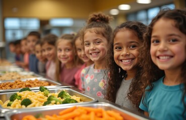 Fototapeta premium Happy elementary school kids line up for lunch in a bright cafeteria. Children smile, choosing meals from a healthy buffet with pasta, broccoli, and carrots.