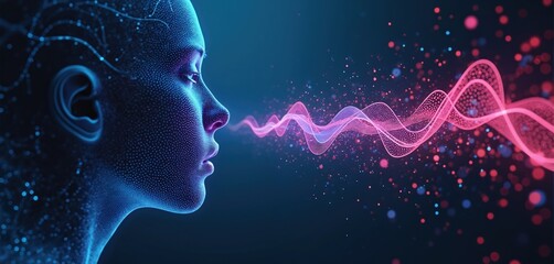 Digital face emits glowing sound wave pattern. Abstract AI voice synthesis concept shows neural network connection. Futuristic audio generation and sound design.