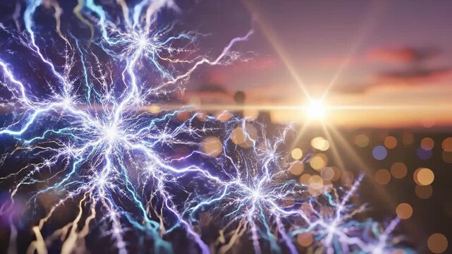 The vibrant electric arcs create dynamic patterns against a fading sunset, illuminating the urban skyline. This electric display highlights energy and excitement in the evening sky.