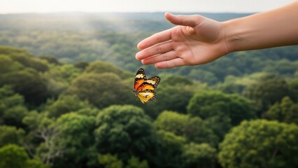 Human hand releasing butterfly above forest backdrop symbolizing biodiversity protection and environmental conservation initiative