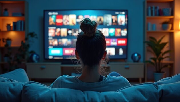 Person watches TV screen with movie selections on streaming service. User browses film library choosing content for evening entertainment at home. Couch, smart TV, and posters are visible. - Powered by Adobe