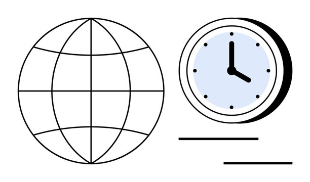 Globe with latitude and longitude lines beside a wall clock showing time. Ideal for global reach, time zones, scheduling, international business, productivity, travel, and communication. Minimal flat
