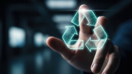 Human hand touching glowing recycling symbol for waste management innovation and circular economy awareness