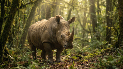 Film-Still Style Rhino in a Natural Woodland Setting
