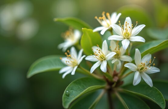 Delicate white blossoms with yellow stamens on a sarcococca confusa shrub. Green leaves and blurred background suggest a garden setting in winter or early spring.