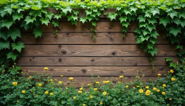 Dark wooden fence covered with green ivy and yellow flowers below. Natural garden wall texture with weathered planks provides copy space. Lush green leaves frame top. - Powered by Adobe