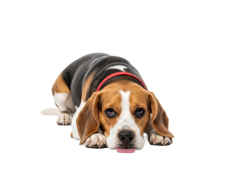 A happy, relaxed young tricolor beagle dog with a red collar, lying on its belly on a transparent studio background with no shadows, concept for pet photography