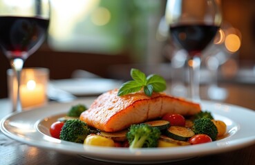 Cooked salmon fillet with broccoli zucchini and tomatoes served on white plate. Glass of red wine near candle lit table in restaurant. Delicious healthy meal.
