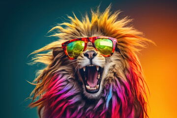 Rainbow Techno Lion wearing sunglasses