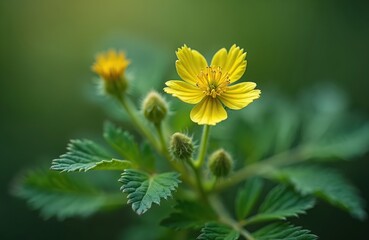 Macro view of yellow Tribulus terrestris bloom. Plant has green leaves and buds. Useful for herbal medicine info graphics and wellness sites.