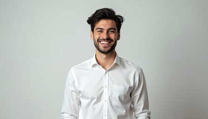 Young man in white shirt smiles. Confident businessman with beard stands against neutral backdrop. He looks happy and successful, ready for new ventures. His positive vibe is clear.