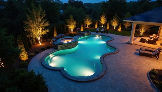Curvy swimming pool and hot tub illuminated at night in backyard. Paver patio and garden landscaping with outdoor lighting. Luxury home backyard resort area with seating.