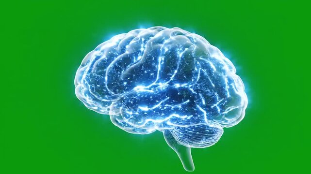 AI brain network lighting up on green screen background.