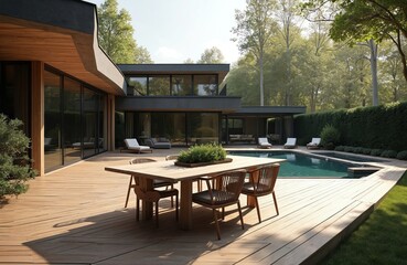 Obraz premium Modern villa with pool and wooden deck. Outdoor dining table with chairs near luxury swimming pool. Beautiful backyard with green lawn and tall trees.