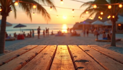 Fototapeta premium Empty wood table foreground. Blurred background beach party scene at sunset. Palm trees and string lights visible. People relax on sand by ocean.
