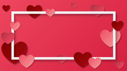 Various red and pink hearts around white rectangular frame paper cut style on pink background
