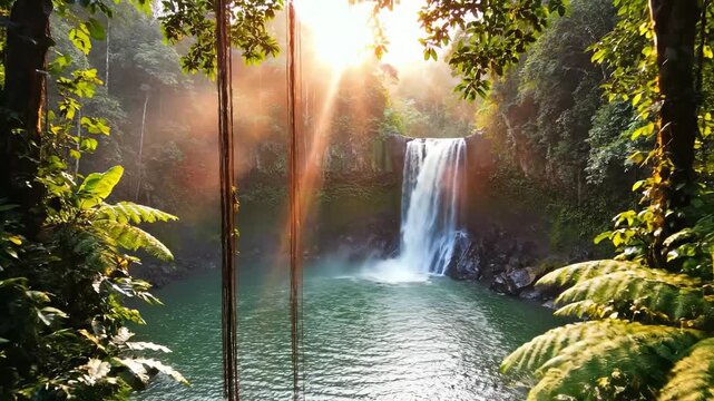 A stunning waterfall cascades into a serene pool, surrounded by lush greenery and sunlight filtering through the leaves. This vibrant scene showcases the beauty of nature and tranquility.